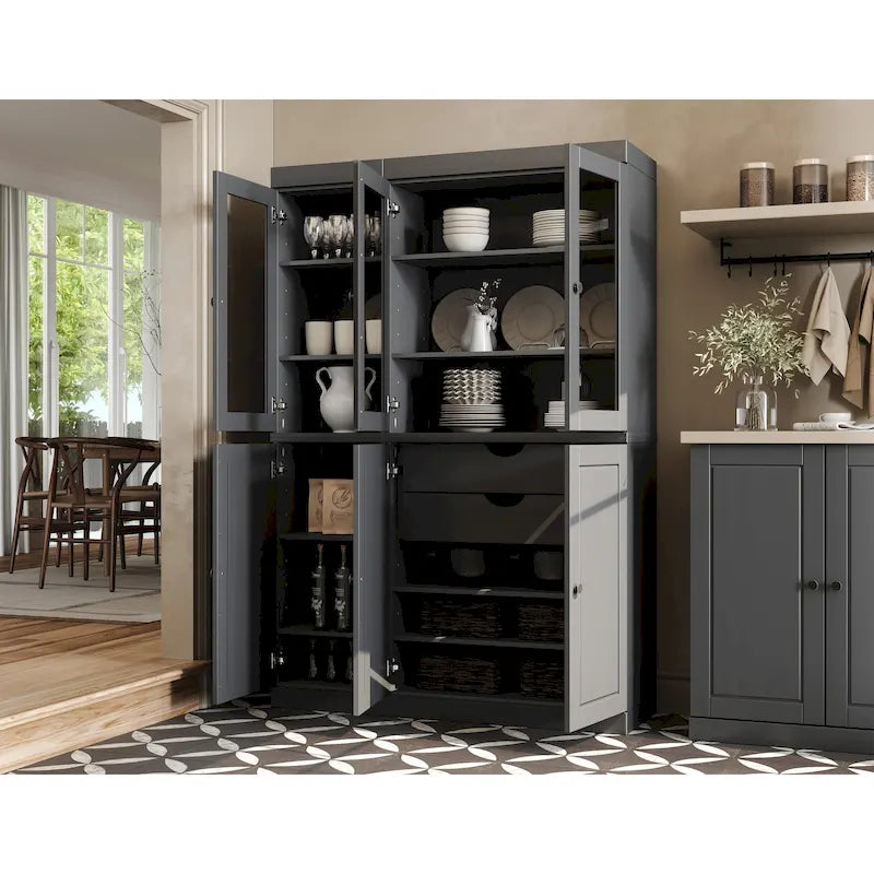100% Solid Wood China Pantry with Glass or Solid Wood Doors and 2-Drawers - 48.5 x 71.5