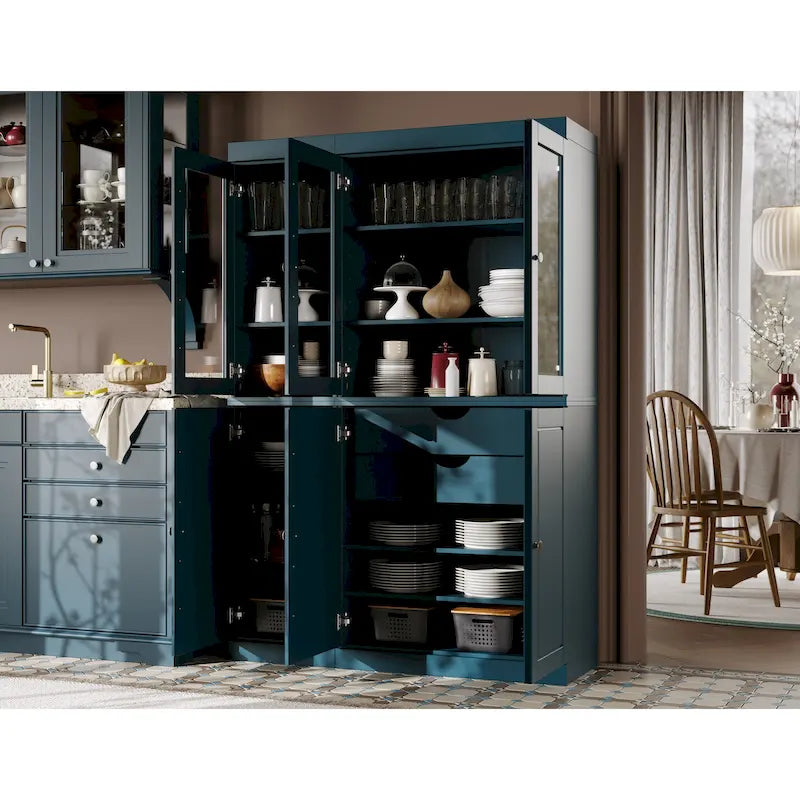 100% Solid Wood China Pantry with Glass or Solid Wood Doors and 2-Drawers - 48.5 x 71.5