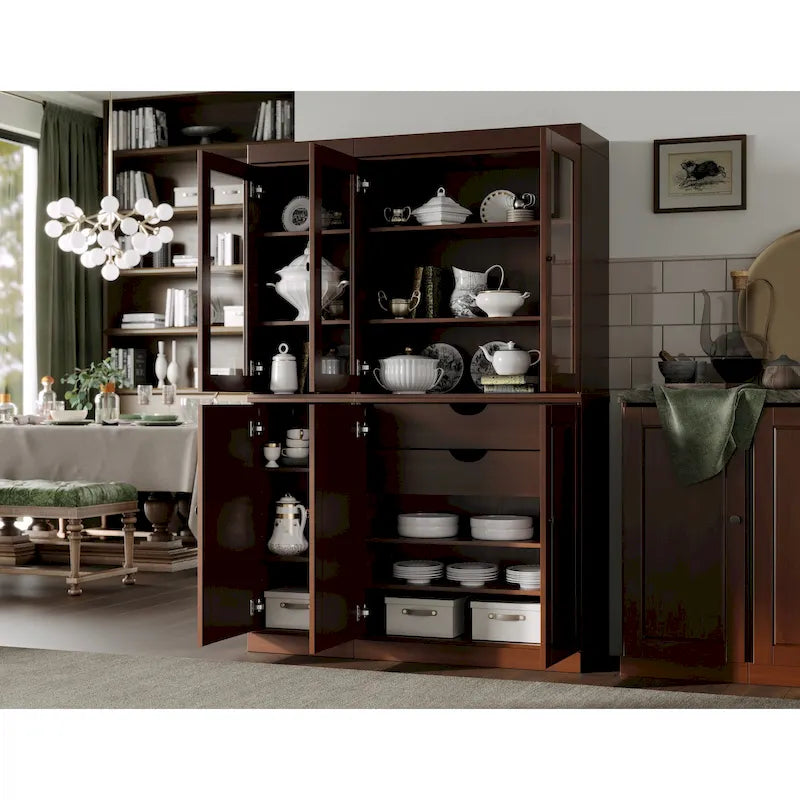 100% Solid Wood China Pantry with Glass or Solid Wood Doors and 2-Drawers - 48.5 x 71.5