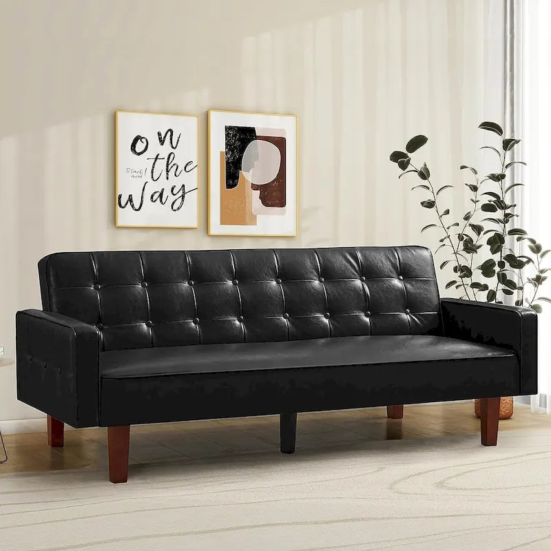 Leather Futon Sofa Bed Sleeper Couch, Mid Century Button Tufted Upholstered Convertible Sofa Bed with Wooden Legs