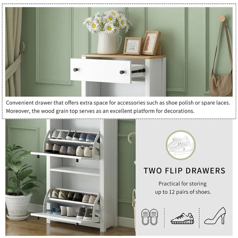 Entryway Organizer with 2 Drawers,Wood Grain Pattern Top Cabinet with Drawer, Free Standing Rack with Adjustable Panel