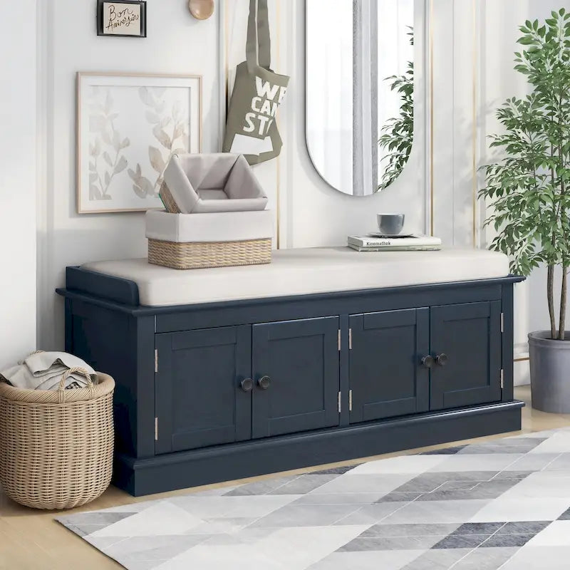 Storage Bench with 4 Doors and Adjustable Shelves, Bench with Removable Cushion