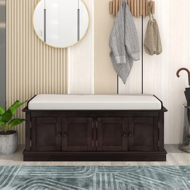 Storage Bench with 4 Doors and Adjustable Shelves, Bench with Removable Cushion
