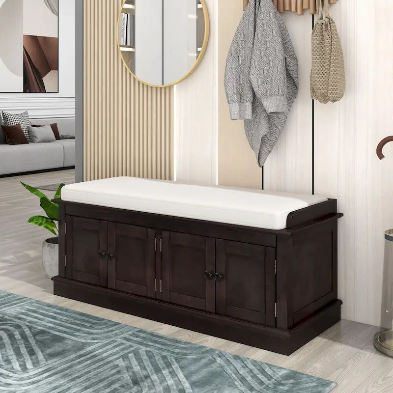 Storage Bench with 4 Doors and Adjustable Shelves, Bench with Removable Cushion