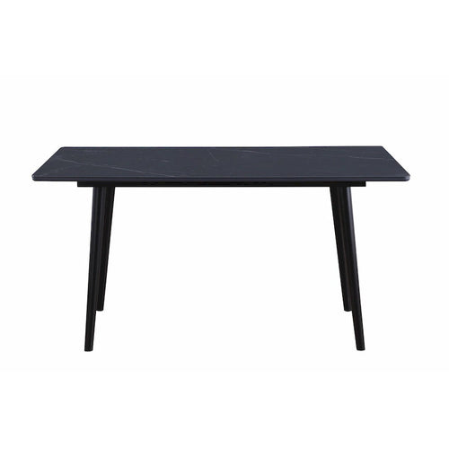 60 Inch Dining Table, Black Sintered Stone, Tapered Metal Legs